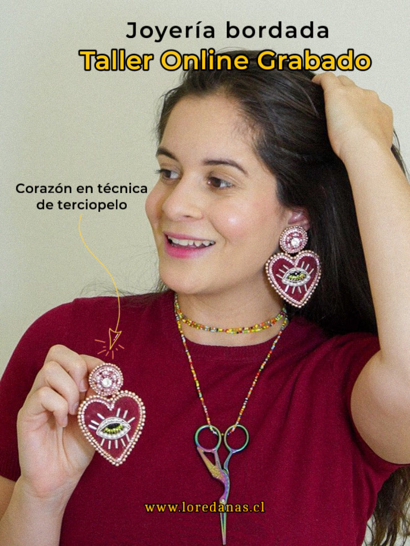Taller grabado Aros Bordados Corazón Terciopelo L006 + KIT Materiales