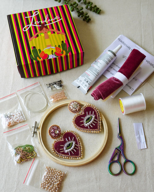 Taller grabado  Aros Bordados Corazón Terciopelo L006 + KIT Materiales