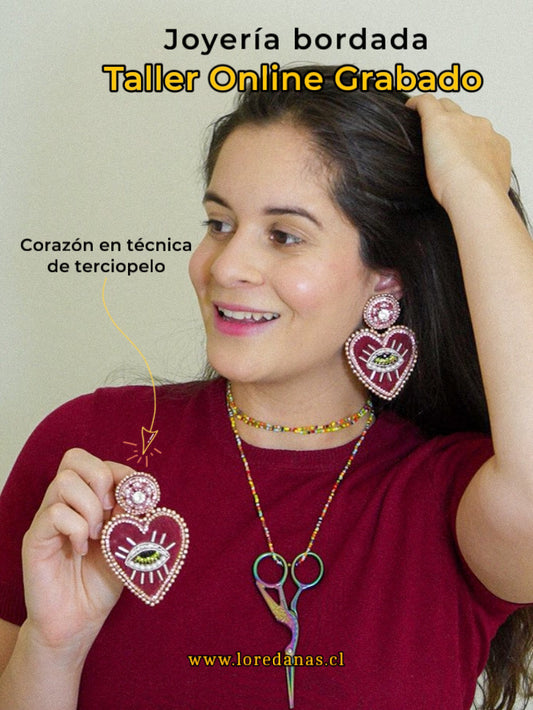 Taller grabado  Aros Bordados Corazón Terciopelo L006 + KIT Materiales